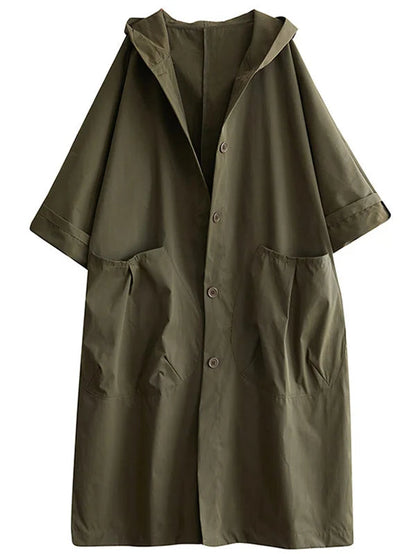 Loose-Fit Cloak-Style Hooded Coat with Pockets