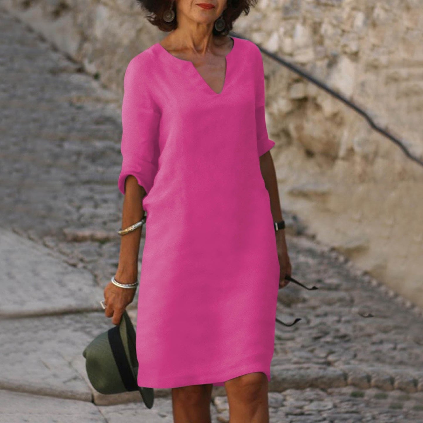 Classic V-Neck Knee-Length Dress