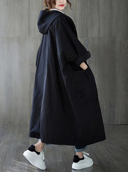Loose-Fit Cloak-Style Hooded Coat with Pockets