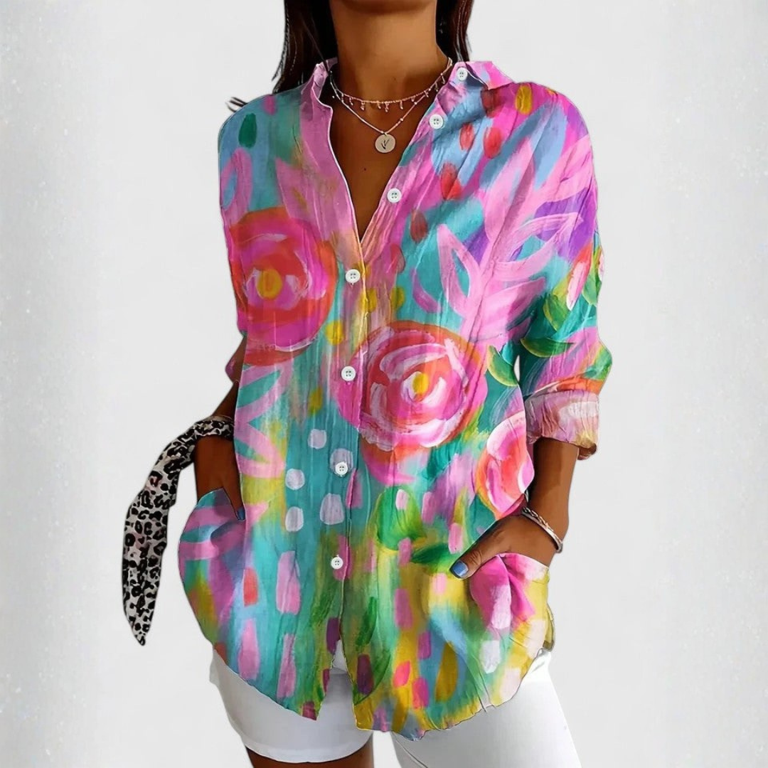 Vibrant Botanical Print Button-Down Shirt