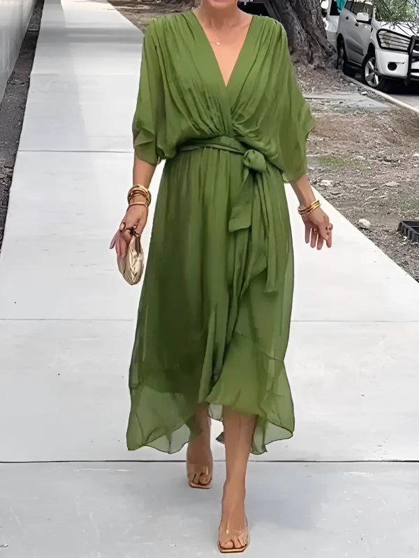 Women's Flutter Sleeve Midi Dress with Waist Tie