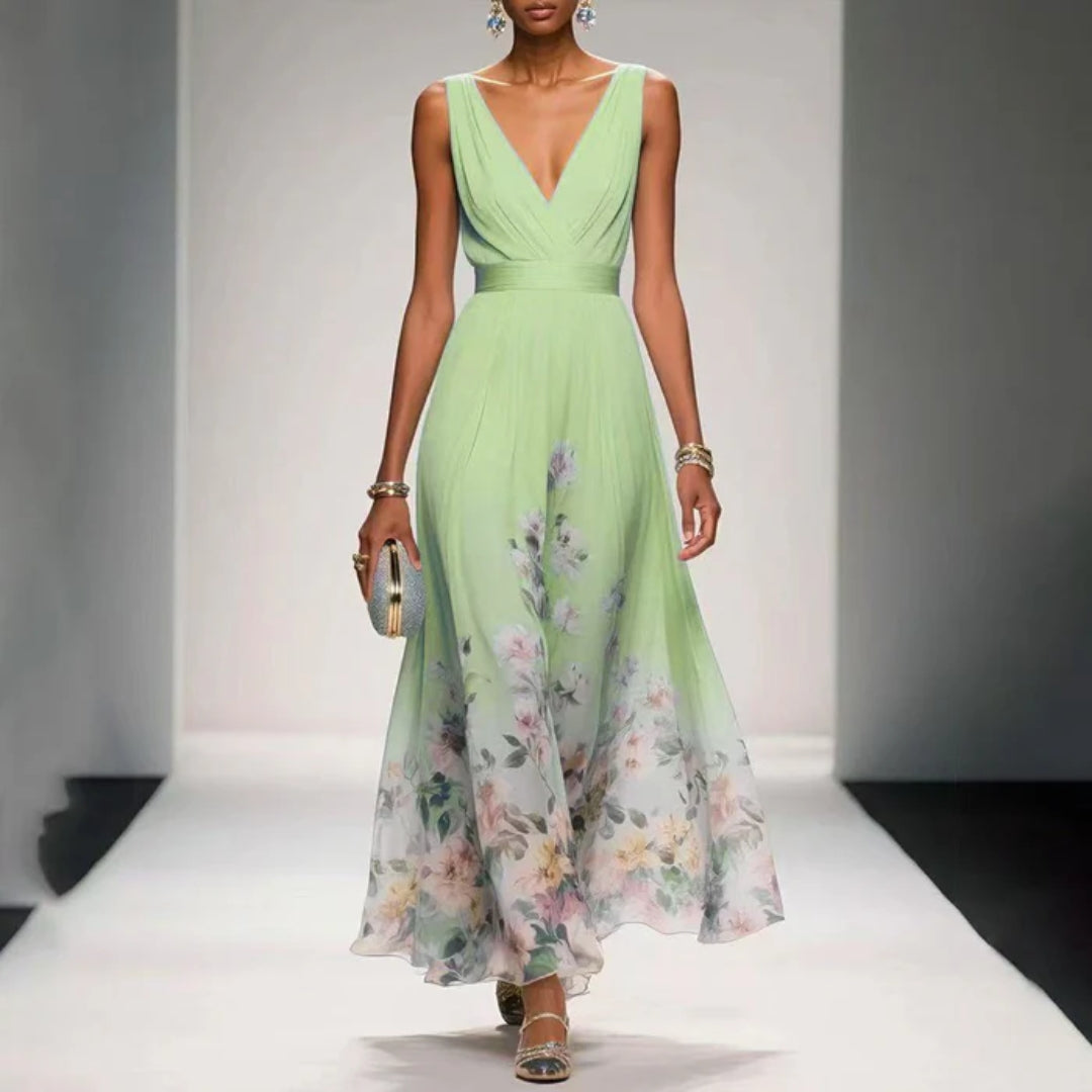 Botanical Print V-Neck Midi Event Dress