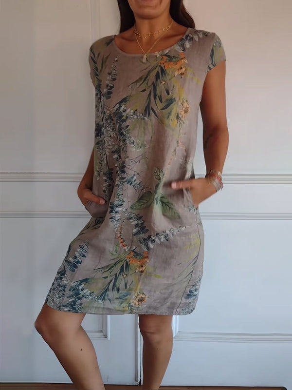 Women's Botanical Leaf Print Short-Sleeve Dress