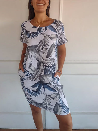 Women's Botanical Leaf Print Short-Sleeve Dress