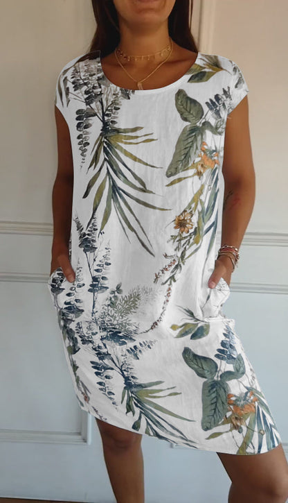 Women's Botanical Leaf Print Short-Sleeve Dress
