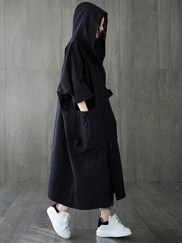 Loose-Fit Cloak-Style Hooded Coat with Pockets