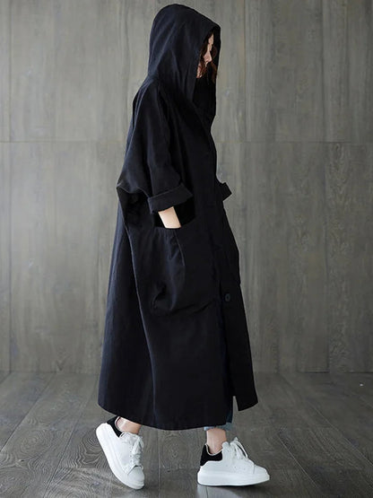 Loose-Fit Cloak-Style Hooded Coat with Pockets