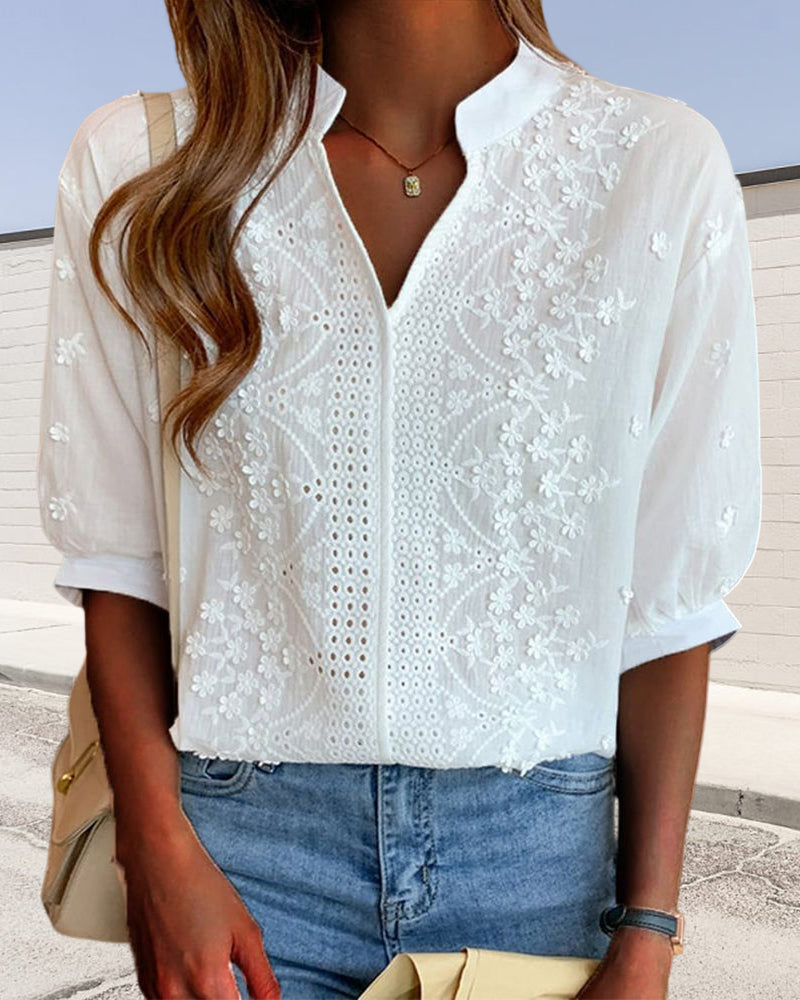 Women's Embroidered V-Neck Casual Blouse
