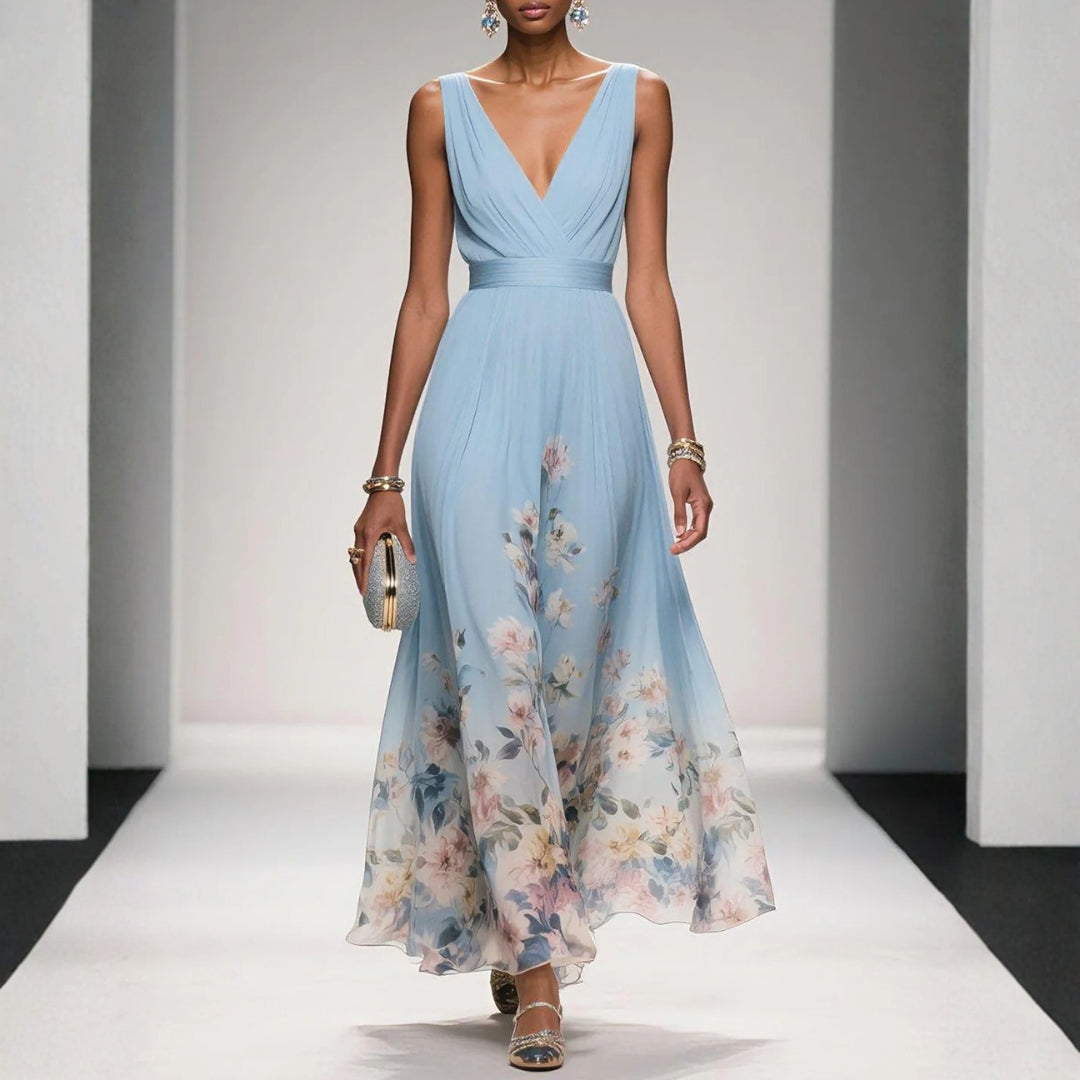 Botanical Print V-Neck Midi Event Dress