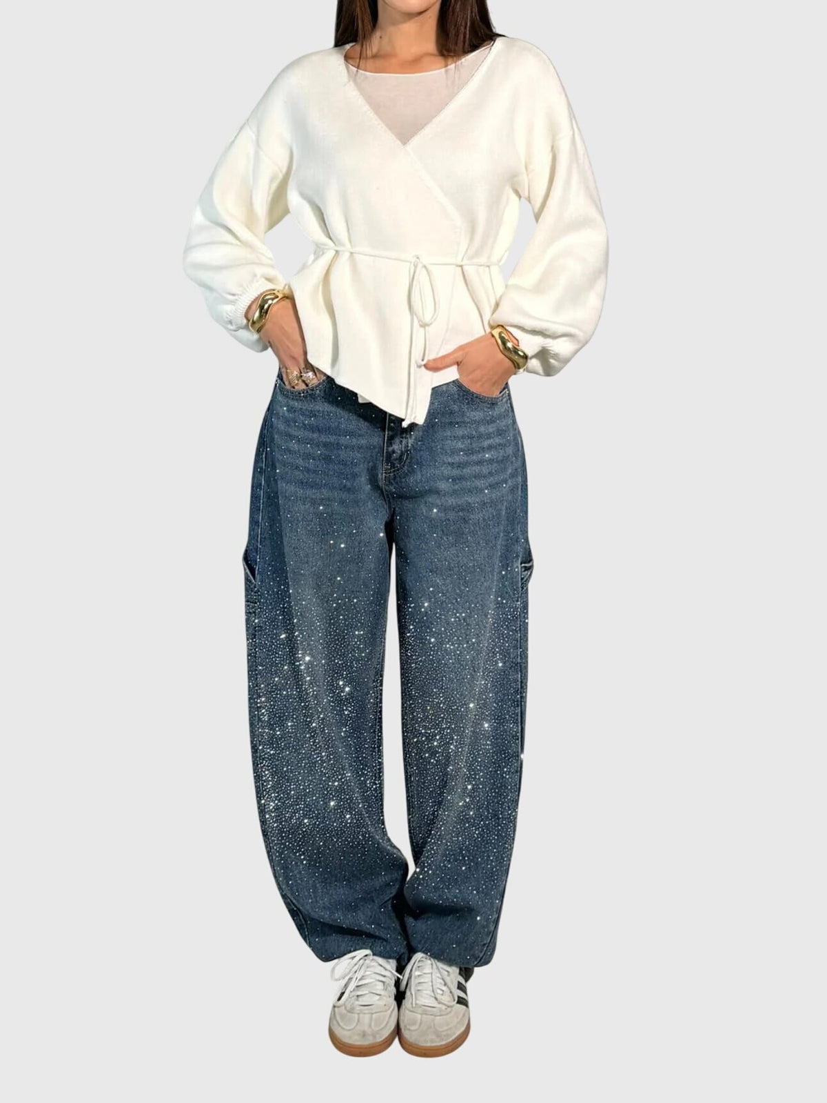 Rhinestone Embellished Wide Leg Jeans