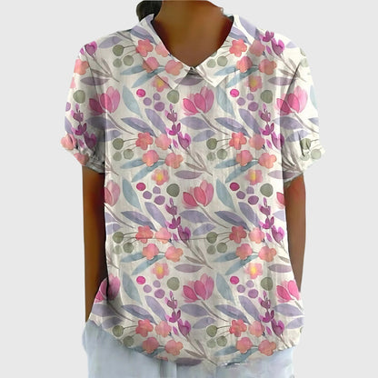 Collared Short Sleeve Floral Blouse