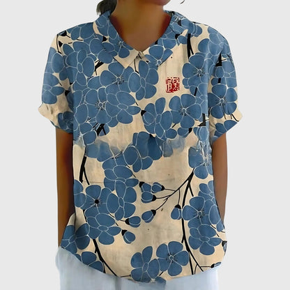 Collared Short Sleeve Floral Blouse