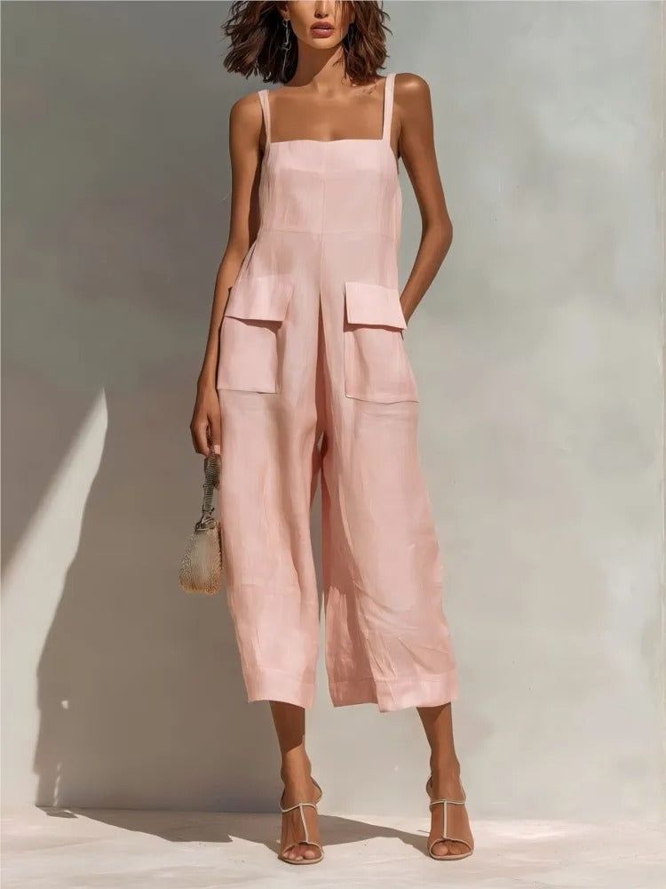 Linen-Blend Belted Midi Dress with Utility Pockets