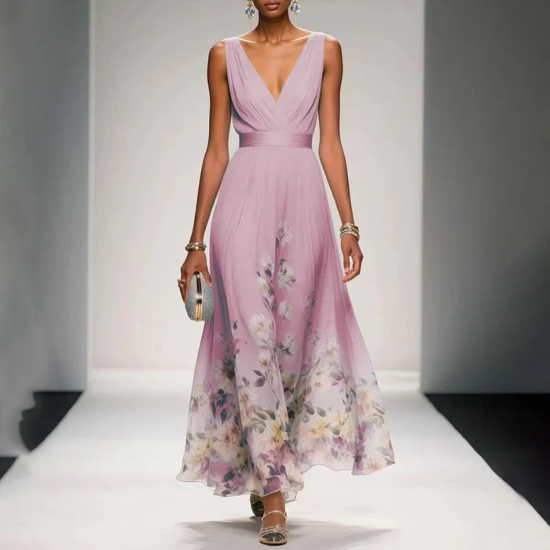 Botanical Print V-Neck Midi Event Dress