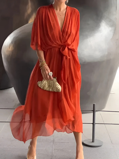 Women's Flutter Sleeve Midi Dress with Waist Tie