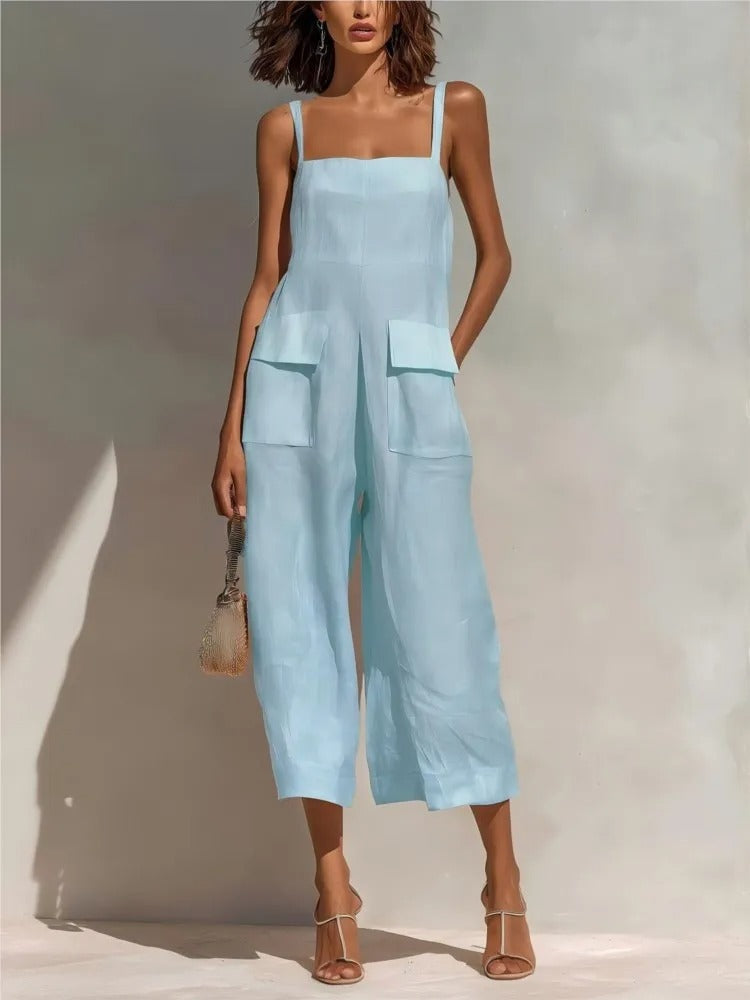 Linen-Blend Belted Midi Dress with Utility Pockets