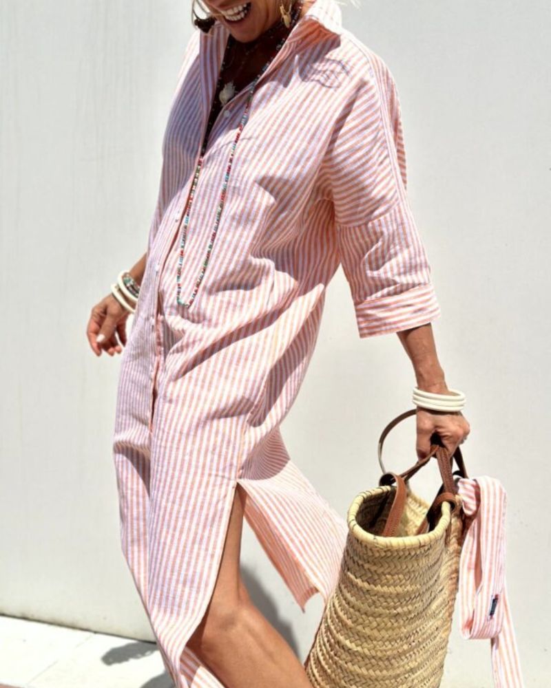 Striped Button-Through Midi Shirt Dress