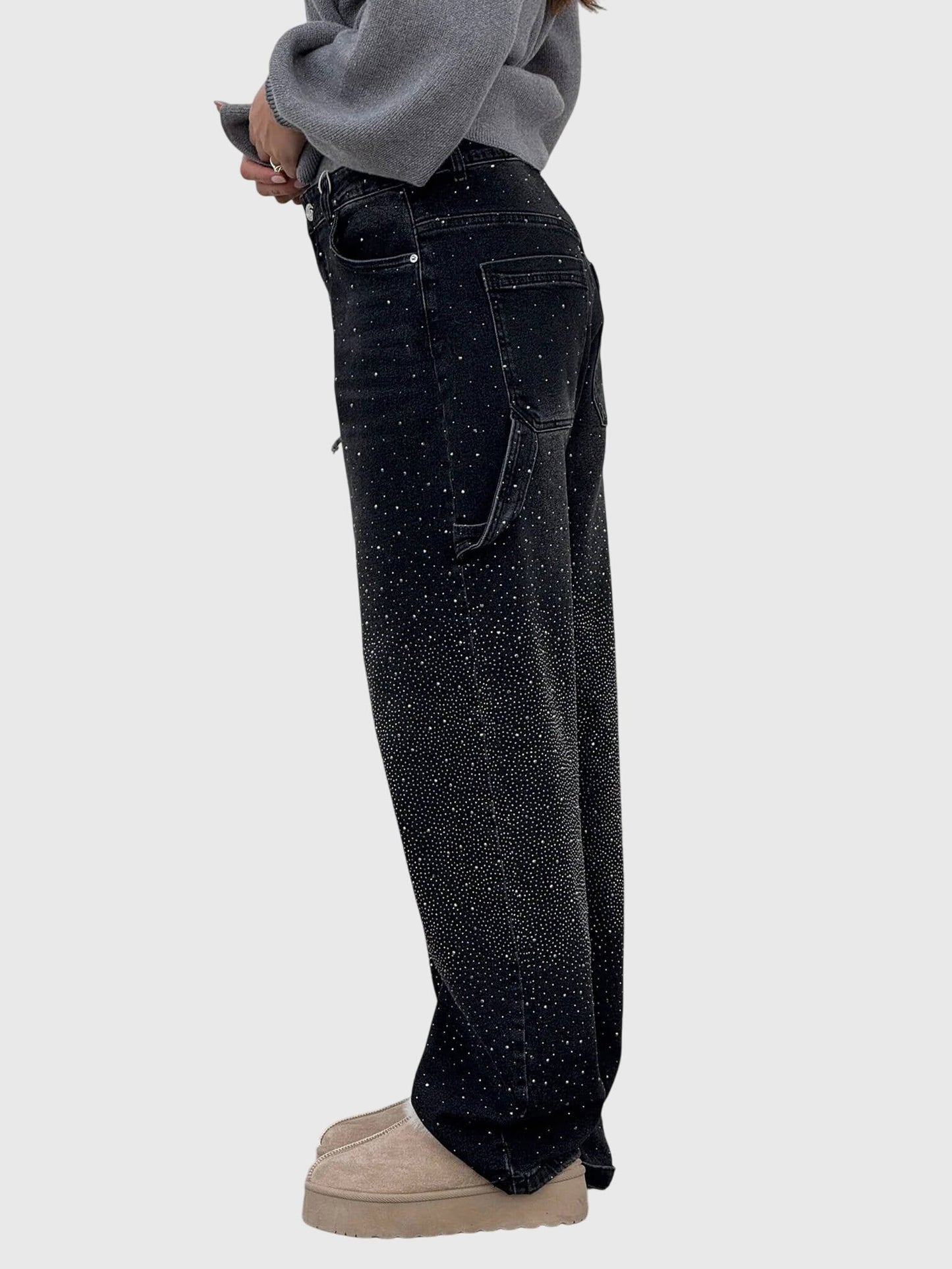 Rhinestone Embellished Wide Leg Jeans