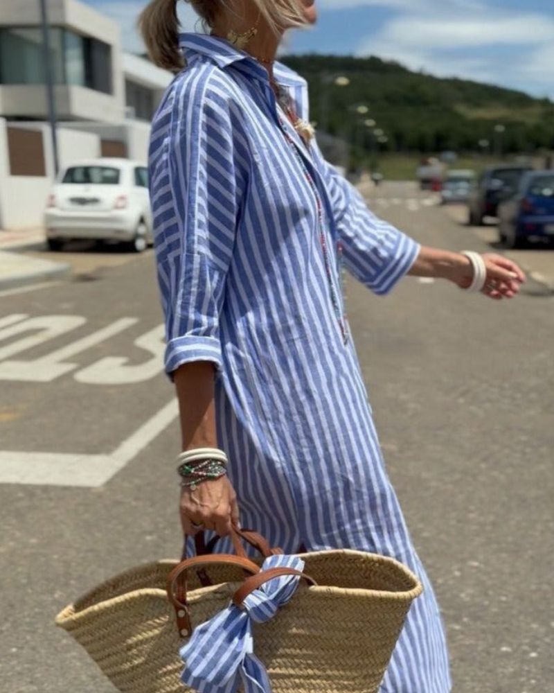 Striped Button-Through Midi Shirt Dress