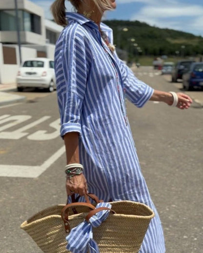 Striped Button-Through Midi Shirt Dress