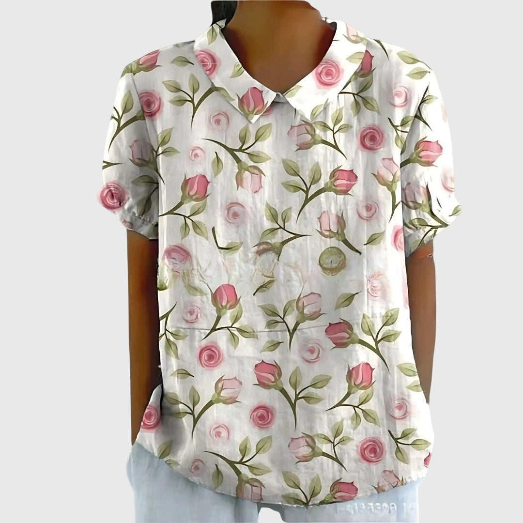 Collared Short Sleeve Floral Blouse