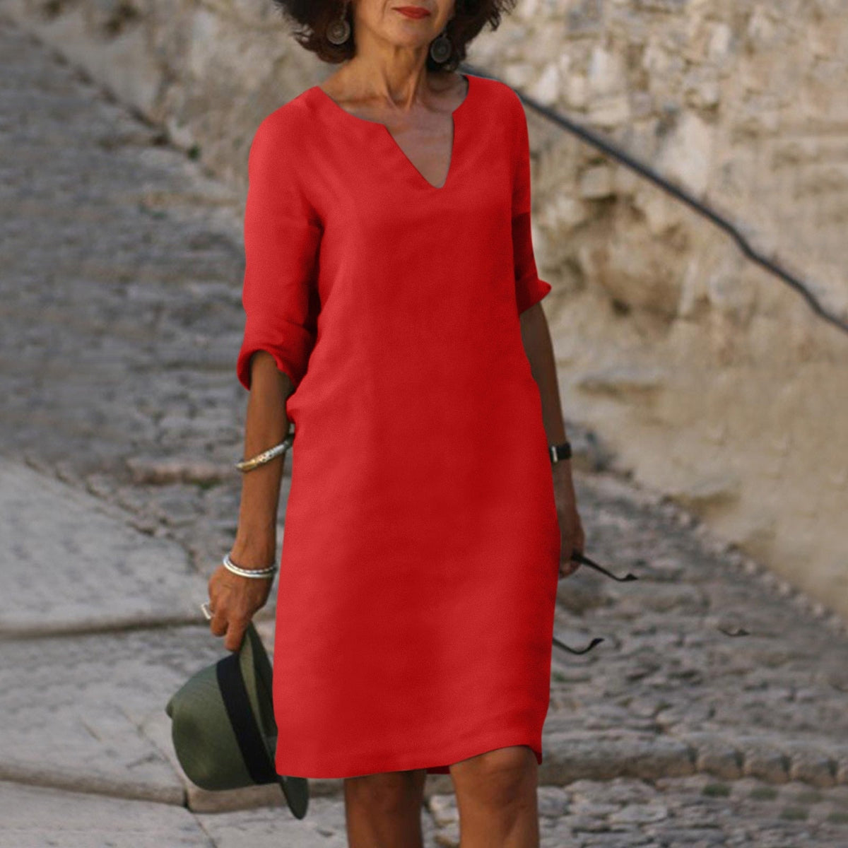 Classic V-Neck Knee-Length Dress
