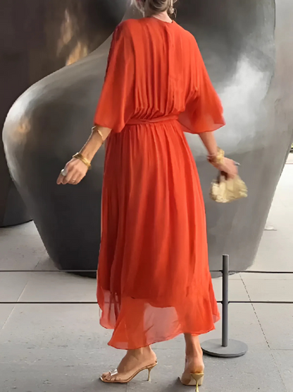 Women's Flutter Sleeve Midi Dress with Waist Tie