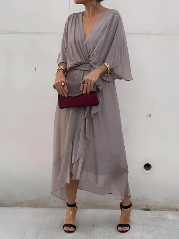 Women's Flutter Sleeve Midi Dress with Waist Tie