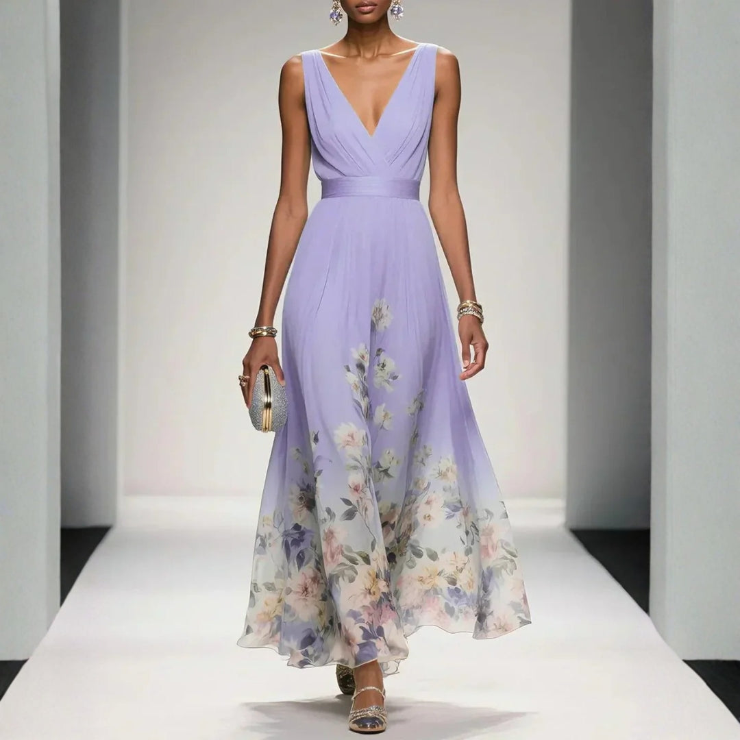 Botanical Print V-Neck Midi Event Dress