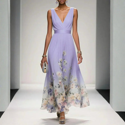Botanical Print V-Neck Midi Event Dress
