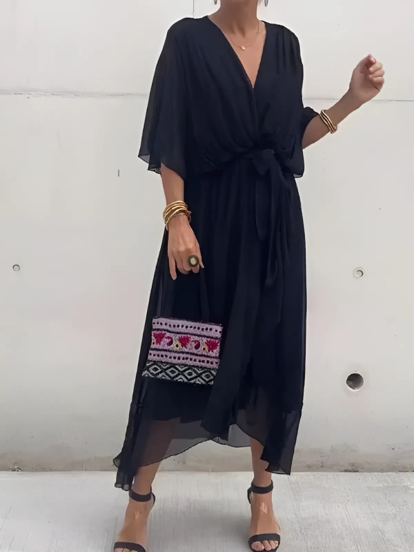 Women's Flutter Sleeve Midi Dress with Waist Tie