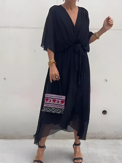 Women's Flutter Sleeve Midi Dress with Waist Tie
