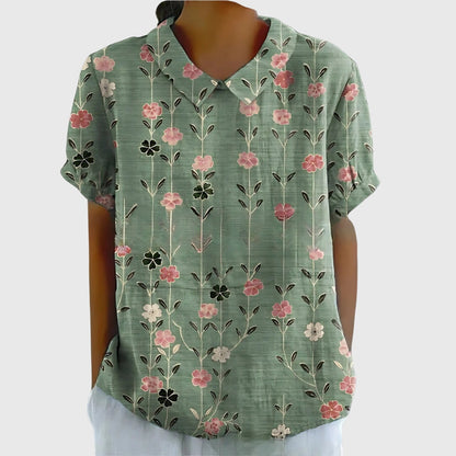 Collared Short Sleeve Floral Blouse