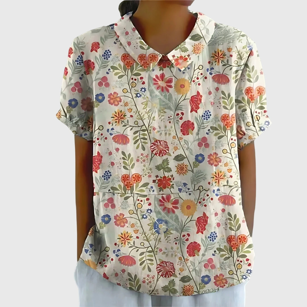 Collared Short Sleeve Floral Blouse