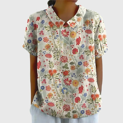 Collared Short Sleeve Floral Blouse