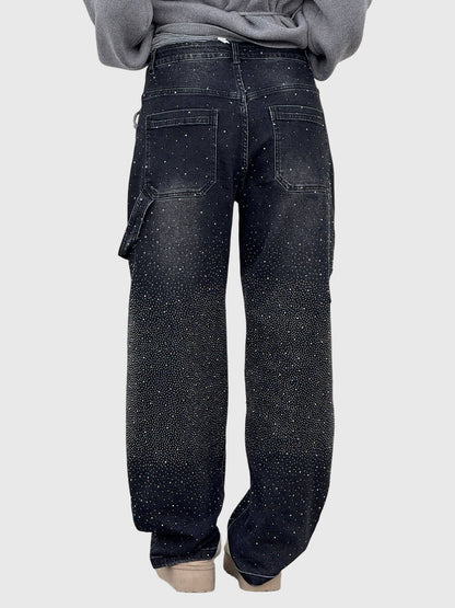 Rhinestone Embellished Wide Leg Jeans
