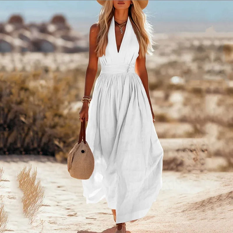 Sleeveless Cotton-Linen Halter Neck Maxi Dress