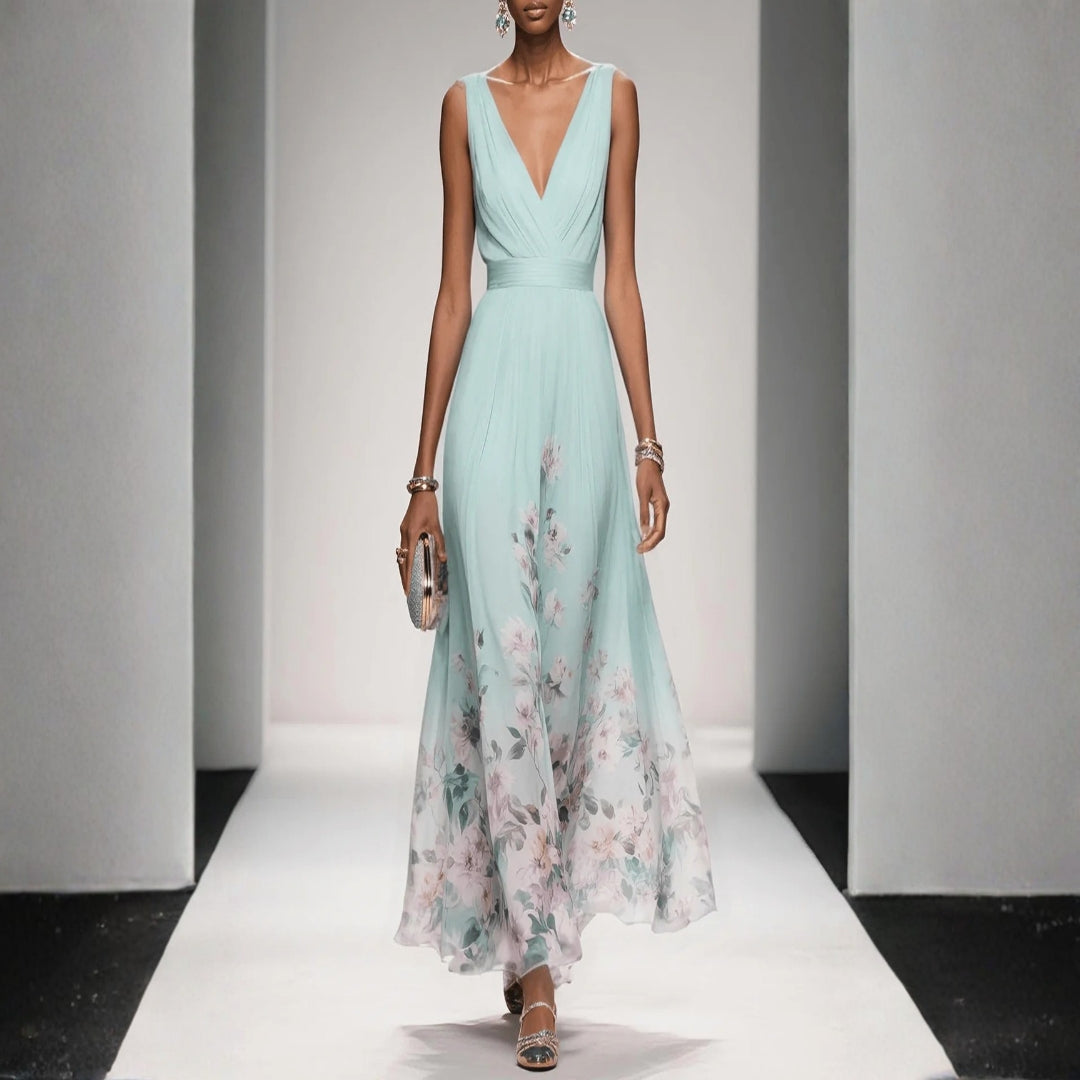 Botanical Print V-Neck Midi Event Dress
