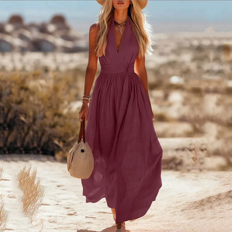 Sleeveless Cotton-Linen Halter Neck Maxi Dress