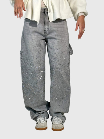 Rhinestone Embellished Wide Leg Jeans