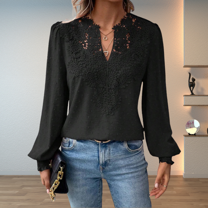 Women's Floral Trim V-Neck Long Sleeve Blouse