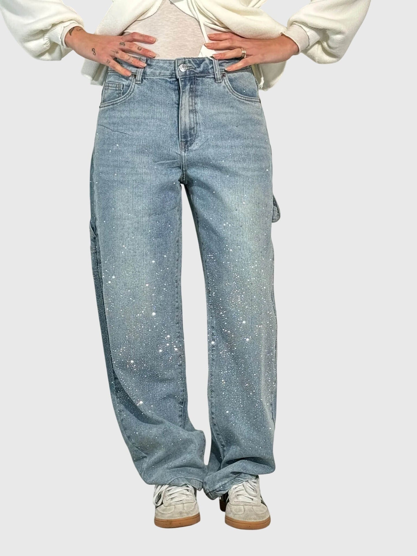 Rhinestone Embellished Wide Leg Jeans