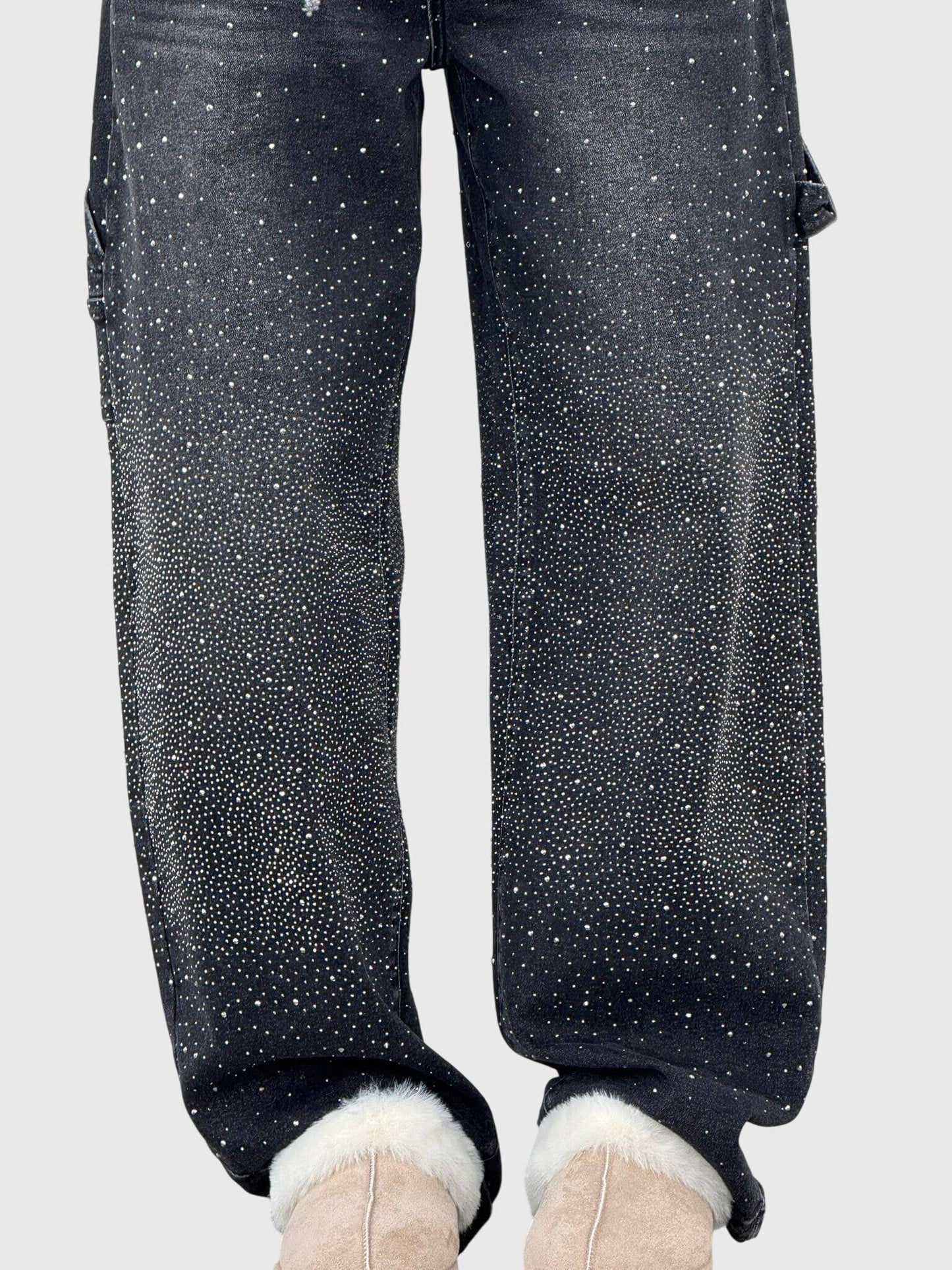 Rhinestone Embellished Wide Leg Jeans