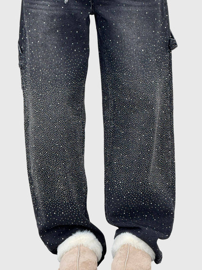 Rhinestone Embellished Wide Leg Jeans