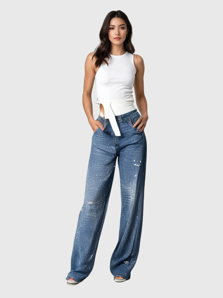 Rhinestone Embellished Wide Leg Jeans