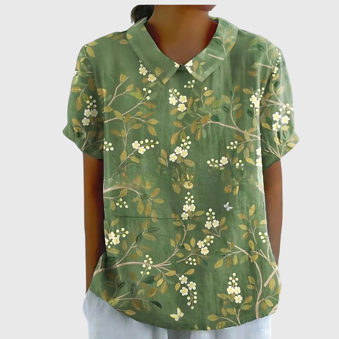 Collared Short Sleeve Floral Blouse