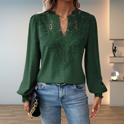 Women's Floral Trim V-Neck Long Sleeve Blouse