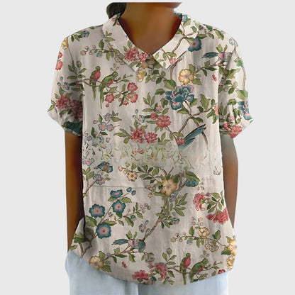 Collared Short Sleeve Floral Blouse