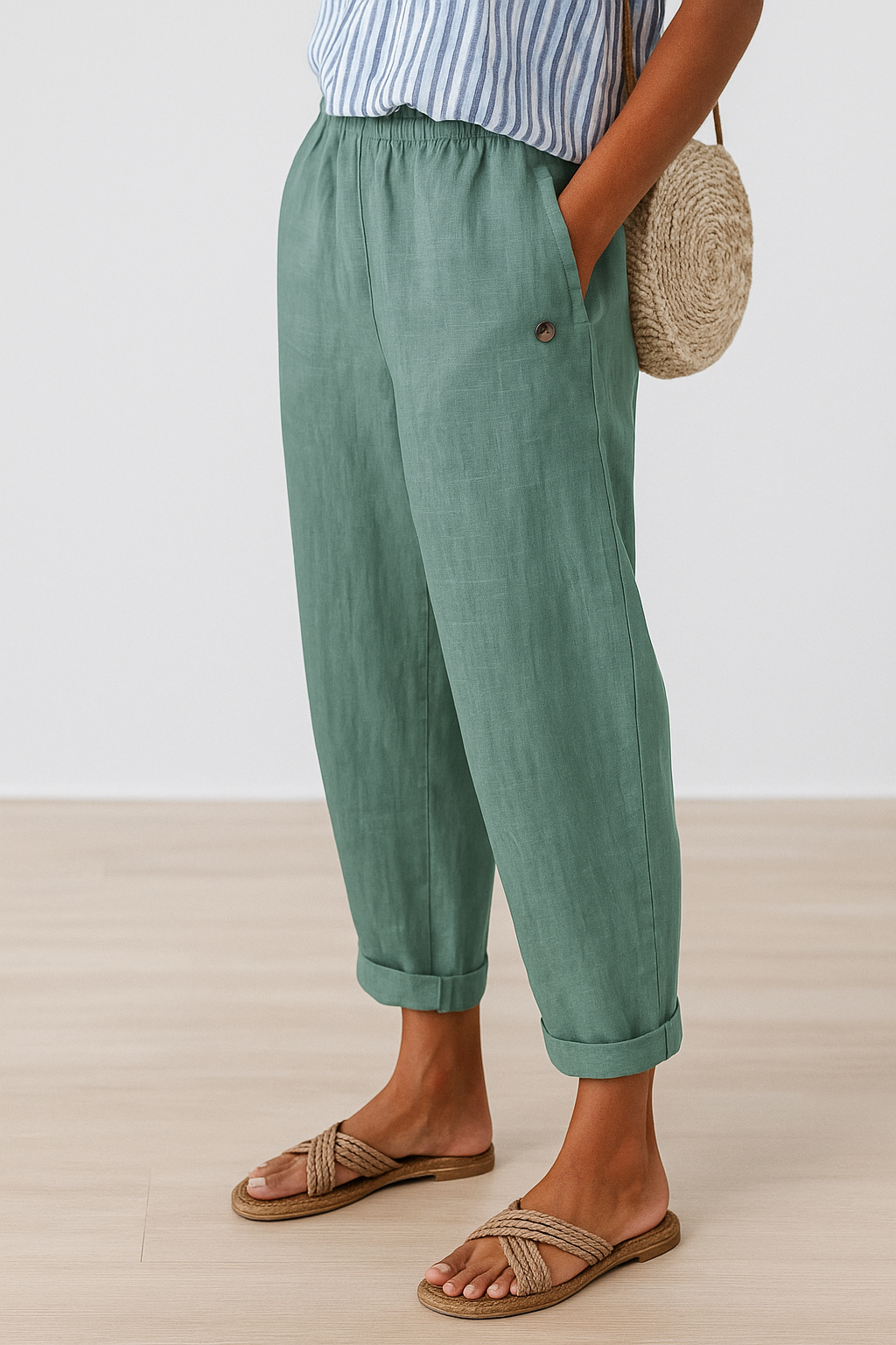 Women's Cuffed Hem Casual Trousers with Pockets