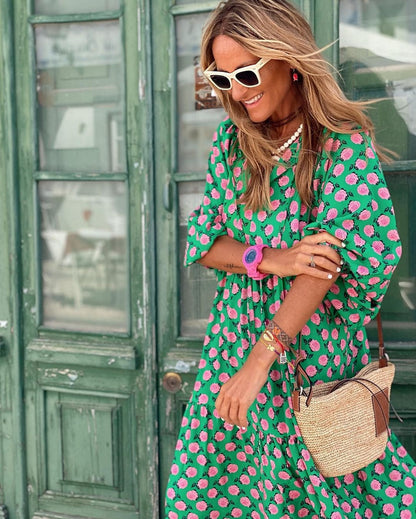 Patterned V-Neck Flowing Maxi Dress